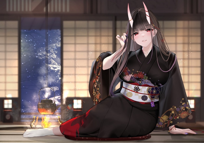 Girl in Kimono with Horns by a Fireplace