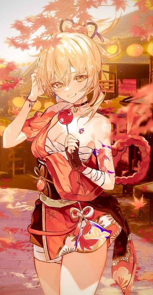 Yoimiya from Genshin Impact holding a candy apple