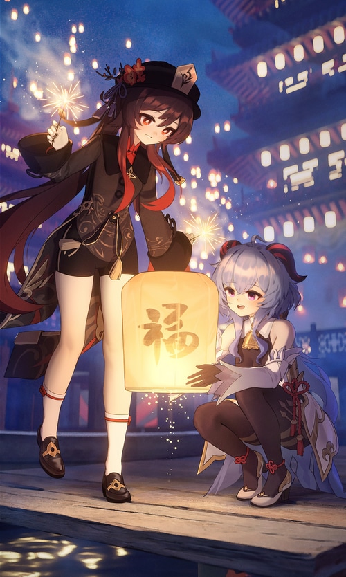 Hu Tao and Ganyu holding a lantern with fireworks