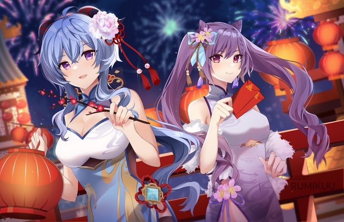 Genshin Impact's Ganyu and Keqing celebrate with lanterns and fireworks