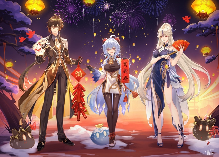 Genshin Impact: Zhongli, Ganyu, and Ningguang with Fireworks