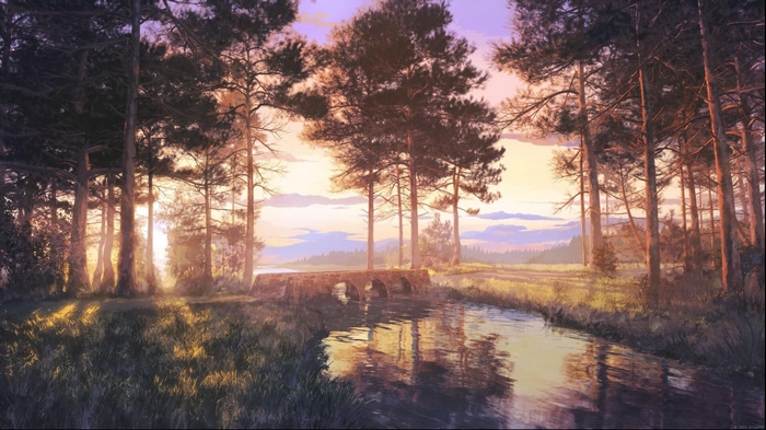 Stone bridge over a river at sunset