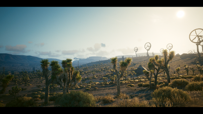 Cyberpunk 2077 Badlands with Joshua Trees and Windmills