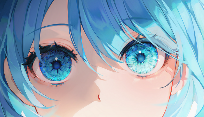 Close-up of anime girl with blue hair and eyes