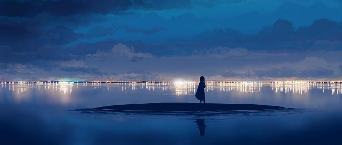 4K anime sky with silhouette and reflection