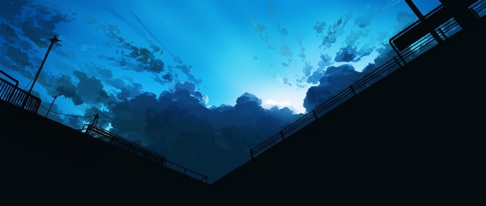 Anime sky with clouds and silhouettes