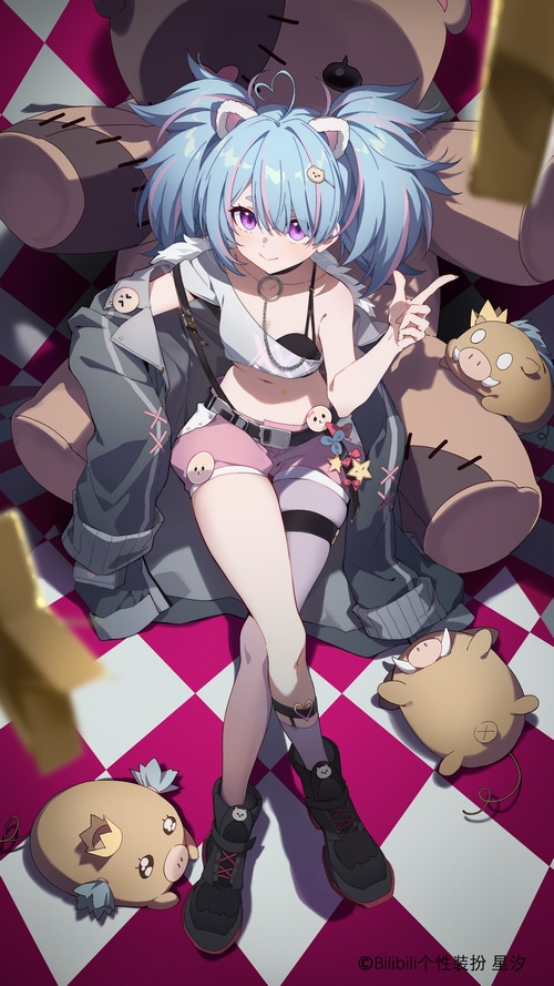 Girl with blue pigtails and teddy bears