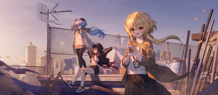 Genshin Impact characters on a rooftop at sunset