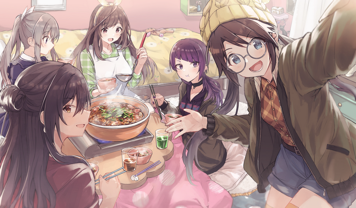 Anime girls eating hot pot and taking a selfie