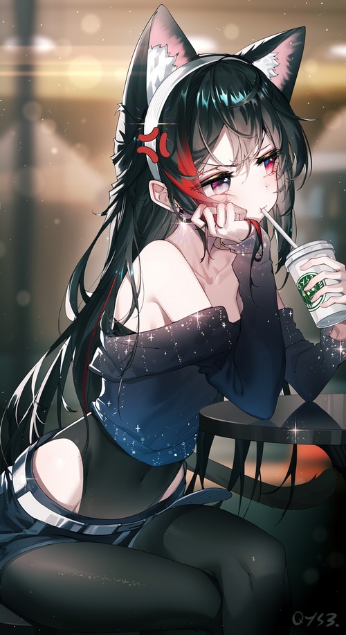 Fox girl with multi-colored eyes drinking from a cup