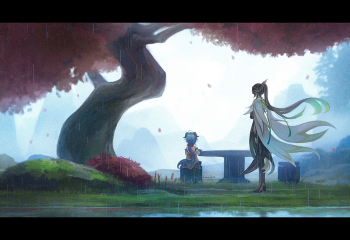 Genshin Impact characters in the rain under a tree