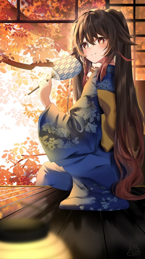 Hu Tao in Kimono with Fan and Autumn Leaves