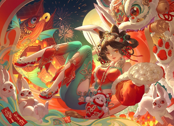 Anime Girl with Rabbits and Chinese New Year Decorations