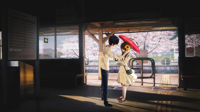 Anime couple sharing an umbrella at a train station