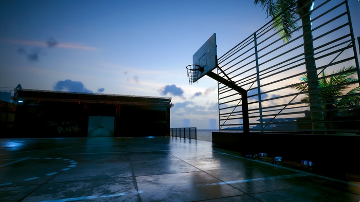 Cyberpunk 2077 basketball court at dusk