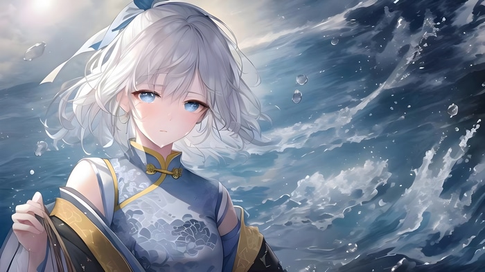 4K Anime Girl with Silver Hair and Blue Eyes in Chinese Dress