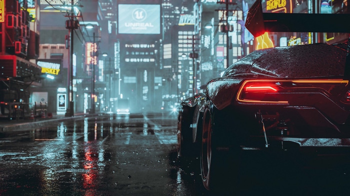 4K Cyberpunk City Street with Futuristic Car