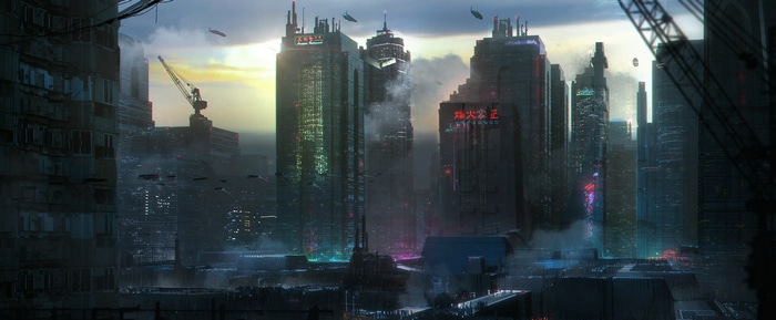 Futuristic cyberpunk cityscape with skyscrapers and mist
