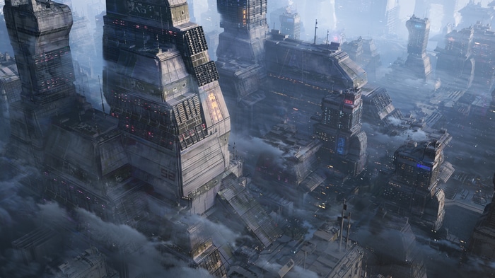 Futuristic cyberpunk city shrouded in mist