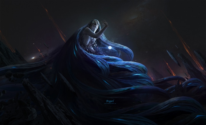Fantasy art of a woman with long blue hair