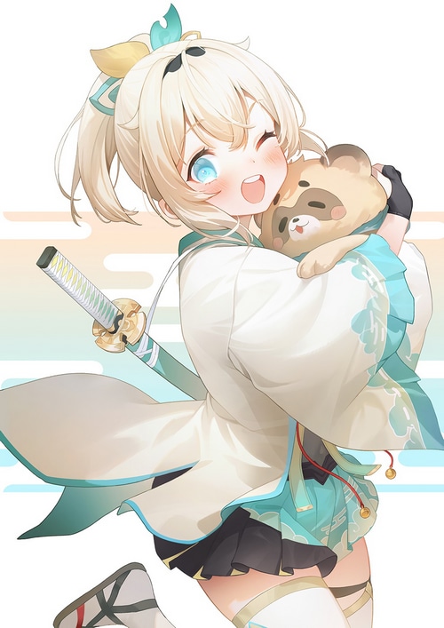 Kazama Iroha holding a tanuki plush with a katana