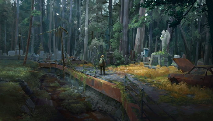 The Last of Us concept art of Ellie in a graveyard