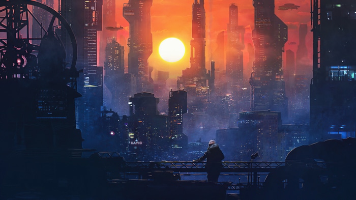 4K Futuristic Cityscape at Sunset
