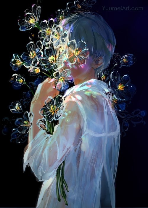 Yuumei's original character with glowing flowers