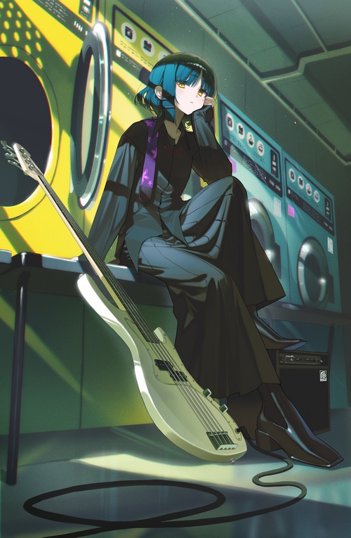 Ryo Yamada with Bass Guitar in Laundromat