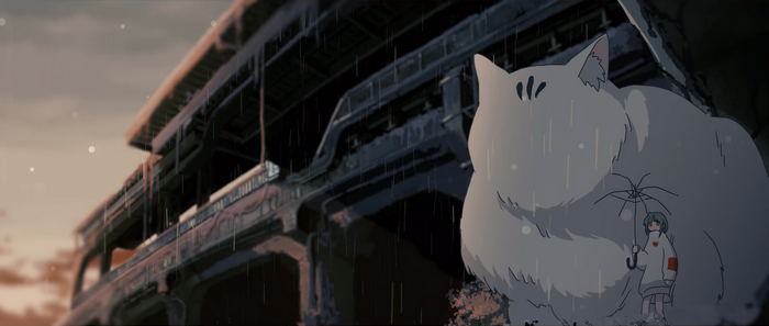 4K rain with a giant cat and a girl with an umbrella