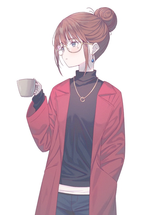 Anime girl with glasses holding a mug