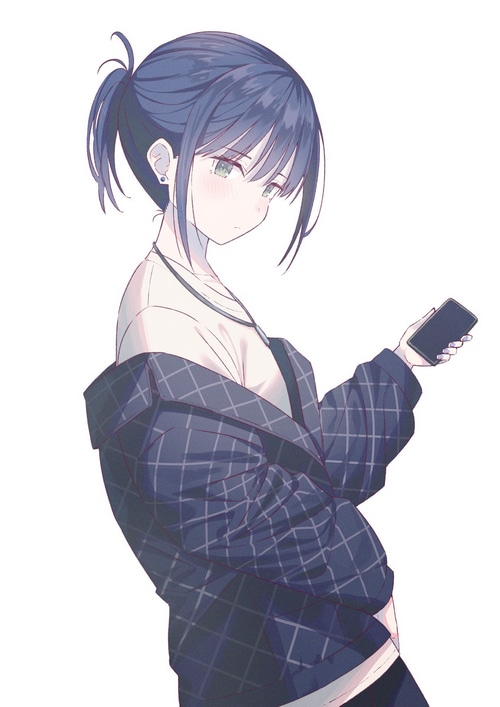 Anime girl with blue hair holding a phone