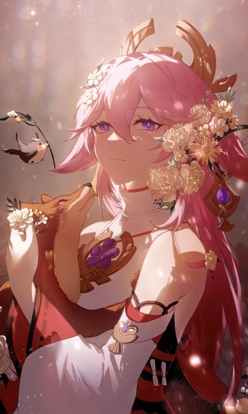 Yae Miko with a fox and a bird
