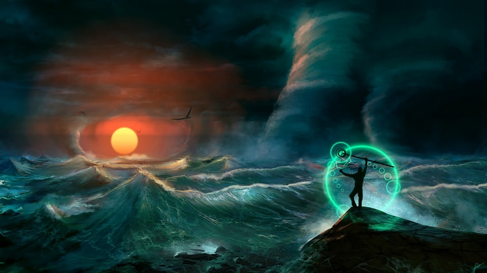 Fantasy art of a man controlling a storm at sea