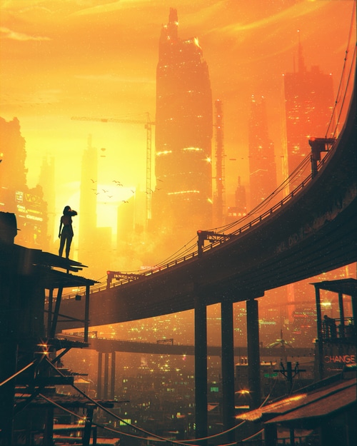 Futuristic city with a person on a platform