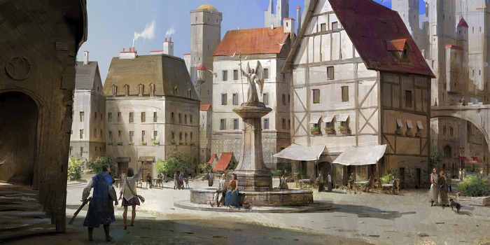 Town square with a fountain and buildings