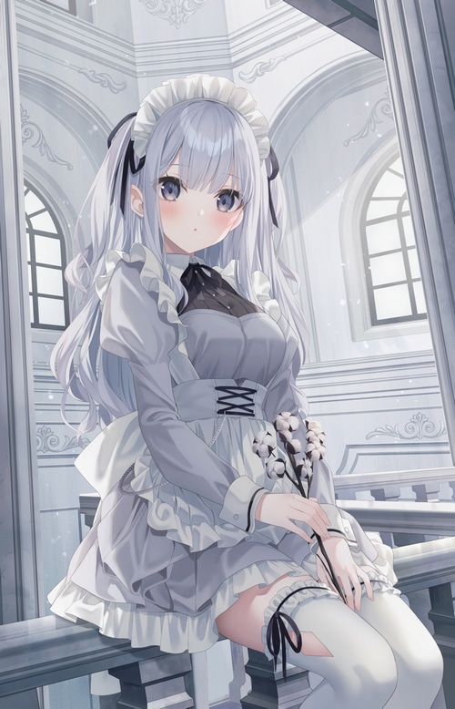 Maid outfit with flowers and blushing