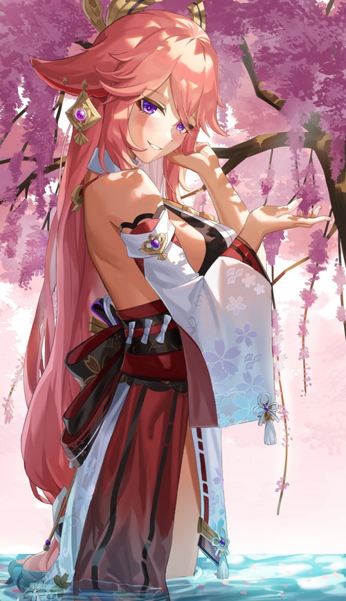 Yae Miko from Genshin Impact standing in water