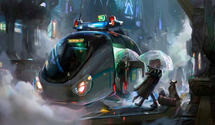 4K futuristic city scene with a couple and a dog