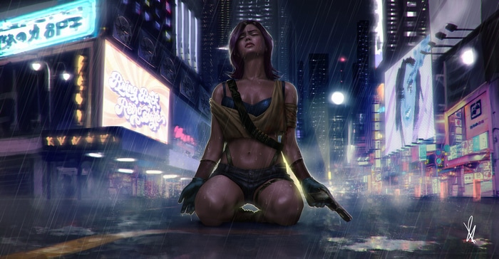 Woman with gun kneeling in rainy city at night