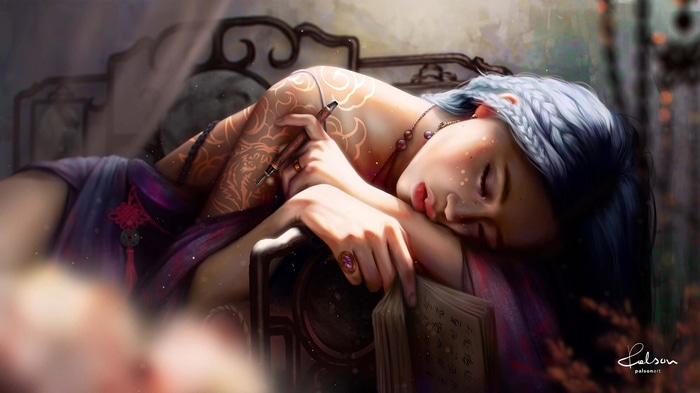 Woman with blue hair and tattoos sleeping