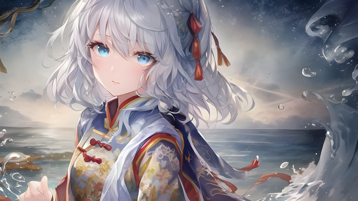 Girl with silver hair in Chinese dress by the sea