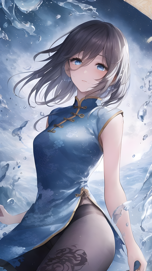 Girl in blue Chinese dress with blue eyes and pantyhose