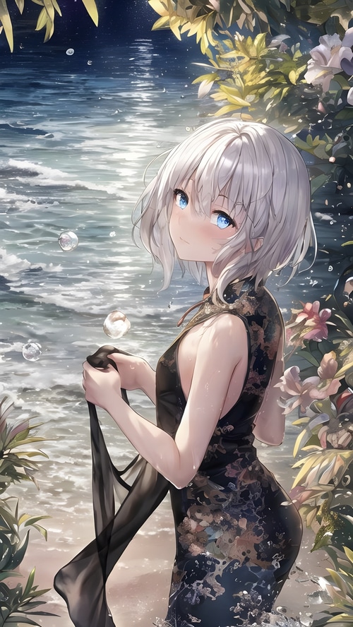 Silver-haired girl in Chinese dress by the water