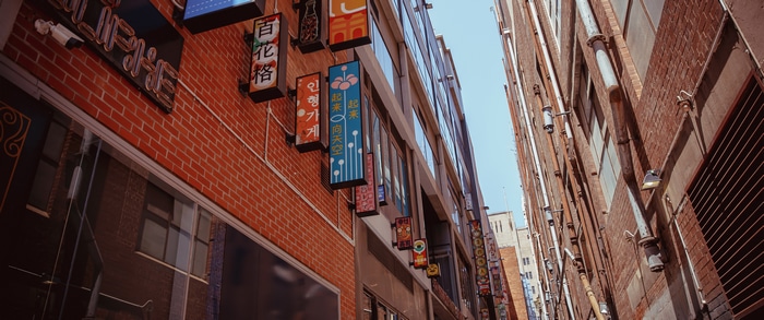Melbourne Alleyway with Asian Signs and Brick Buildings