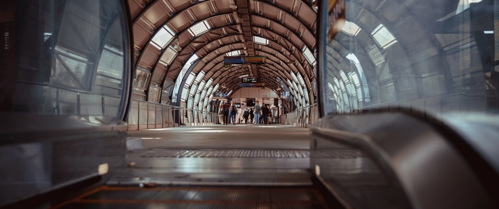 Interior of a modern train station walkway in Melbourne