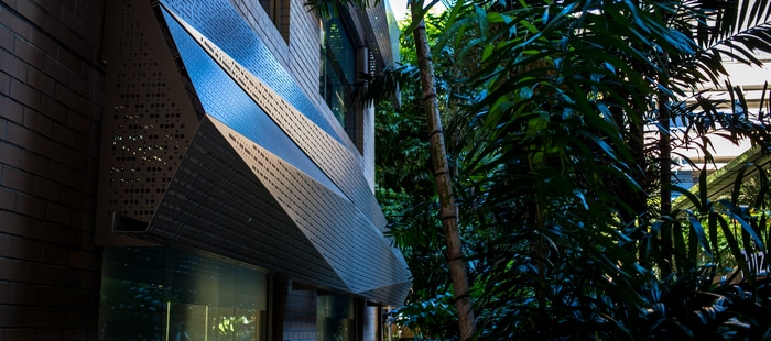 Modern building facade with tropical plants
