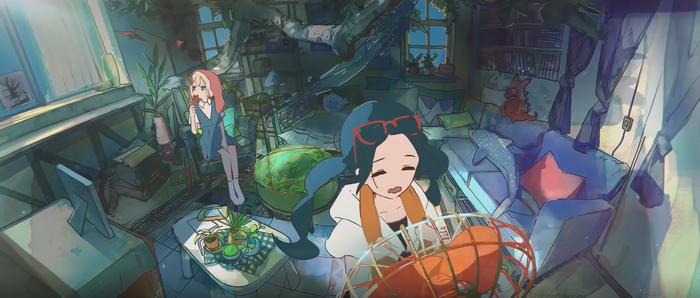Two women in a cluttered room with plants