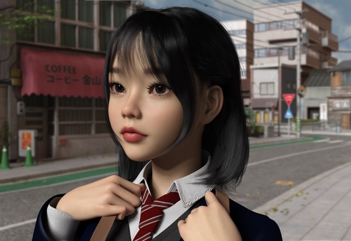 Asian schoolgirl adjusting her tie outdoors