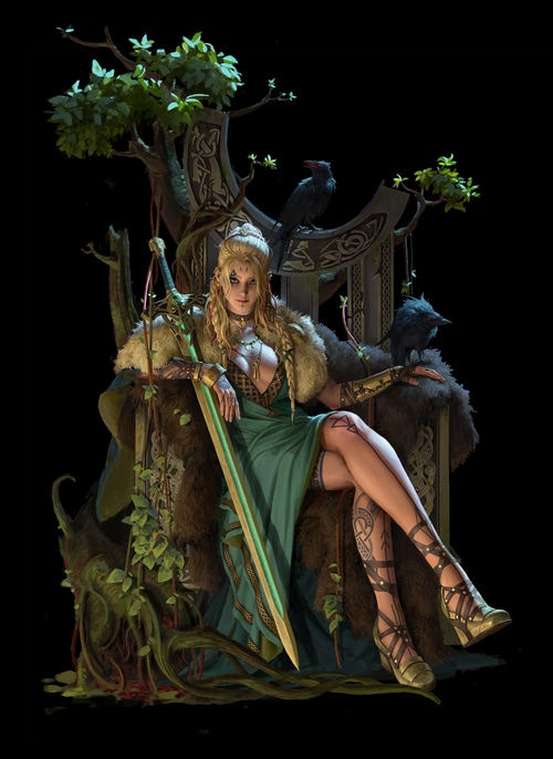 Viking woman with sword on throne with crows